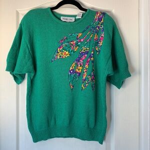 Andrea Gayle Vintage Green Knit Sweater Floral Leaf Appliqué 90s Large Colorful